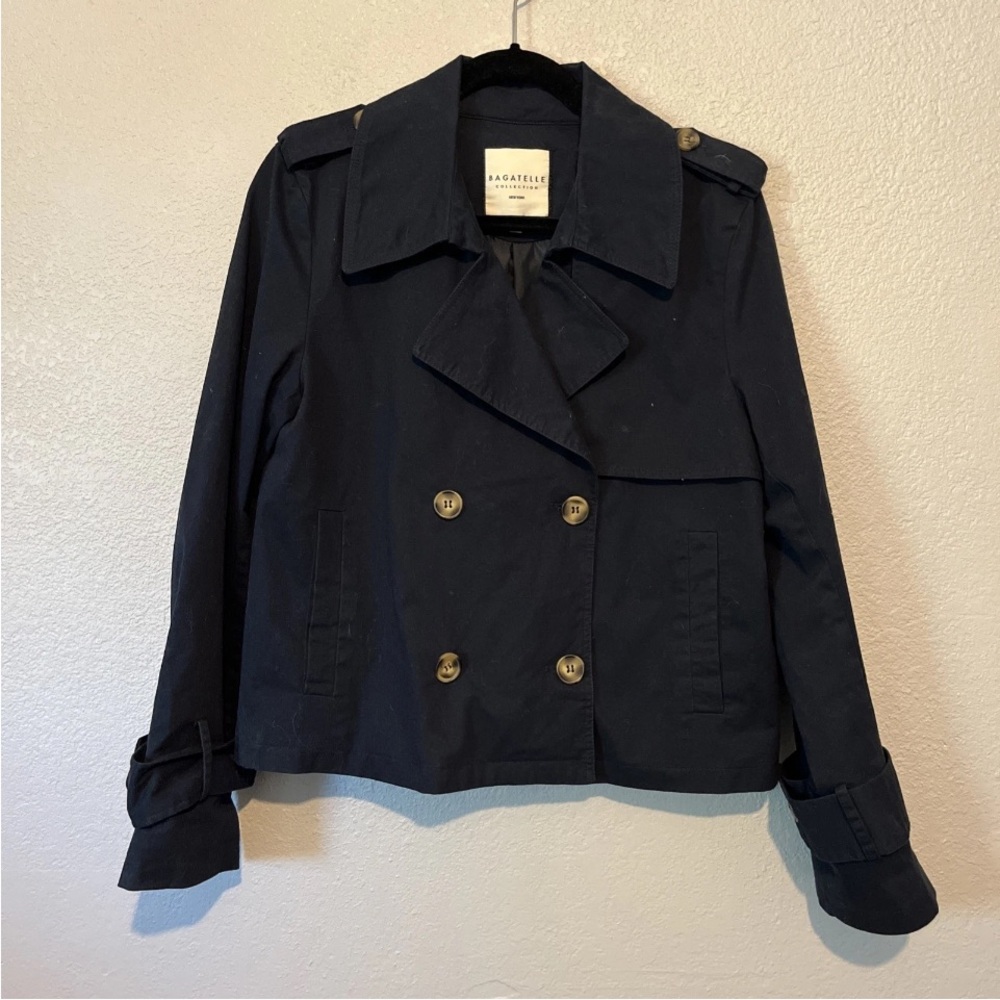 Bagatelle Womens Trench Coat Cropped Stretch Belted Cuff Stretch Blue Large